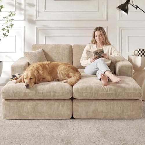 80.7" Oversized Double Chaise Lounge Chair Indoor, Cloud Boneless Sleeper Sofa Bed with 4 Pillows, Extra Deep Seat Cozy Loveseat Couch for Living Room Bedroom, No Assembly Required (Khaki)