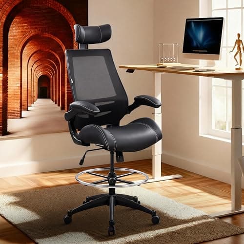 BOLISS Ergonomic Drafting Chair with 4-Level Adjustable Headrest Tall Standing Desk Stool with Soft Microfiber Leather Seat, Breathable Mesh Back, 90° Flip-Up Arms, and Adjustable Foot Ring