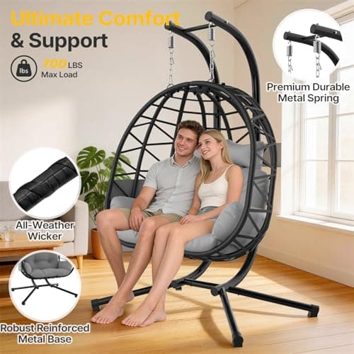 Suteck Double Hanging Egg Chair with Stand, Outdoor Indoor 2 Person Wicker Egg Swing Chair with Cushion, 700lbs Capacity for Patio, Bedroom, Garden - Black
