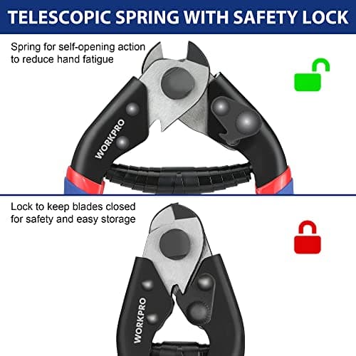 Chrome Vanadium Steel, Safety Lock, Non-Slip Handle for Hard Wire Ropes, Steel Wires and Aircraft Cables WORKPRO Cable Cutter, 7-1/2 Inch Heavy Duty Wire Rope Cutter B0B8MCVSZP
