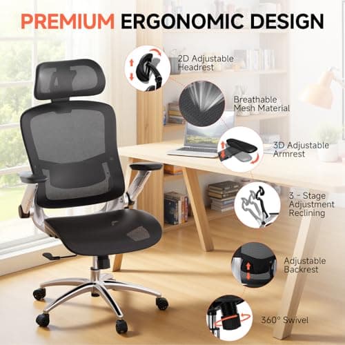 GTPLAYER Big and Tall Ergonomic Mesh Office Chair, High Back Home Desk Chair Computer Gaming Chair with Headrest, Flip-Up Arms, 90-125° Tilt Lock and Wide Cushion, Task Chair for Man Woman-Deep Black