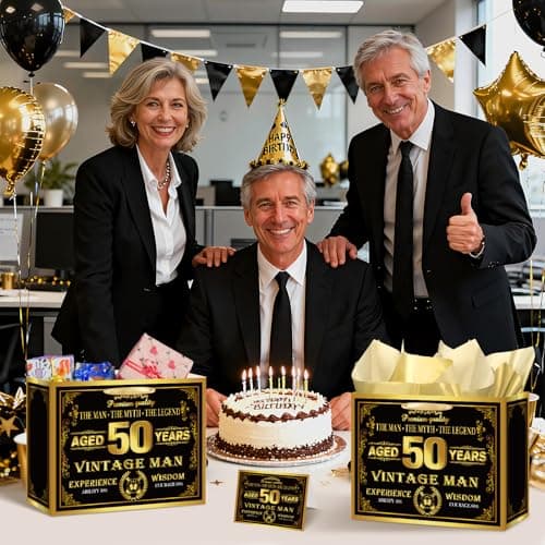 Vintage 50th Birthday Gift Bag for Men with 50th Wrapping Paper and Card Black Gold 1976 Birthday Gift Wrap Treat Bags for Vintage Men Aged 50 Years Old Bday Anniversary Party Supplies Decorations