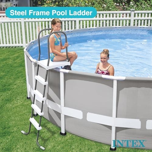 Intex 28067E Steel Frame 52" Pool Entry Step Ladder with Secure Non-Slip Steps for Above Ground Outdoor Swimming Pools, Silver