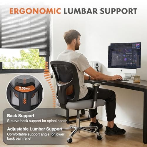 Sweetcrispy Big and Tall Office Desk Chair with Lumbar Support, 500lbs Heavy Duty Mesh Ergonomic Computer Chair with 4D Armrest and Wide Comfy Seat, 360° Swivel Wheels for Adult, Grey