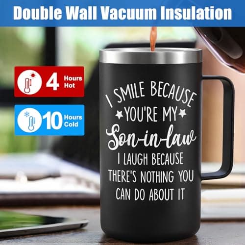 Lifecapido Son in Law Gifts, I Smile Because You’re My Son-in-law 20oz Insulated Coffee Mug, Birthday Christmas Gifts for Son in Law, Black