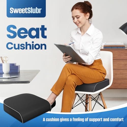 SweetSlubr Seat Cushion for Tailbone Pain Relief, Office Chair Cushion, Memory Foam Large Cushion with Non-Slip Cover for Soft Support at Office Chair, Car Seat, Airplane, Floor Pillow, Black/Large