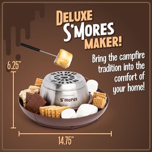 Nostalgia Tabletop Indoor Electric S'mores Maker - Smores Kit With Marshmallow Roasting Sticks and 4 Trays for Graham Crackers, Chocolate, and Marshmallows - Movie Night Supplies - Brown