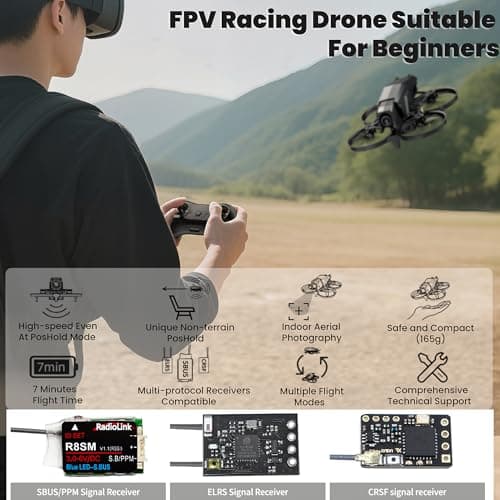 FPV Racing Drone for Beginners, F108 2.5 Inch FPV Drone Kit with Optical Flow Positioning, Equipped with T8S 8 Channel 2.4GHz RC Pocket Sized Portable Transmitter,Easy to Fly RTF FPV Drone