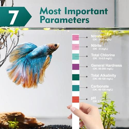 7 Way Aquarium Test Strips, 125 Count Fish Tank Test Strips for Freshwater Saltwater Pond, Water Testing Kit Aquarium for Chlorine, Total Hardness, Carbonate, Alkalinity, Nitrate, Nitrite and pH