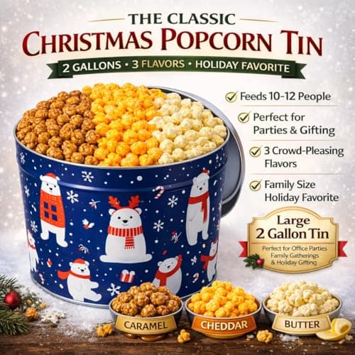2 Gallon, 3 Flavors Uncle Myron's Christmas Popcorn Tin, 3 Flavors, Holiday Food Gift Basket B0FMZDY4VP