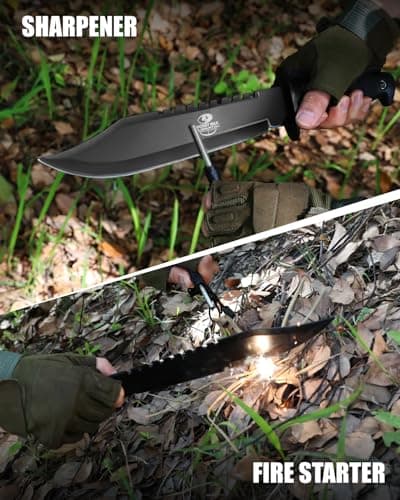 Mossy Oak Survival Hunting Knife with Sheath, 15-inch Fixed Blade Tactical Bowie Knife with Sharpener & Fire Starter for Camping, Outdoor, Bushcraft