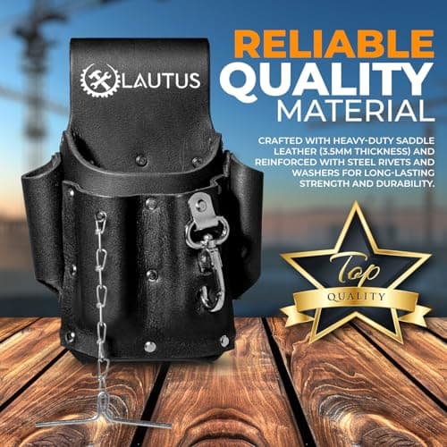 LAUTUS Electrician Full Top Grain Leather Tool Pouch; 5 Pocket Pouch with Electrical Tape Chain; Durable Compartments; Washer Rivets; Includes Metal Tool Clip; Black