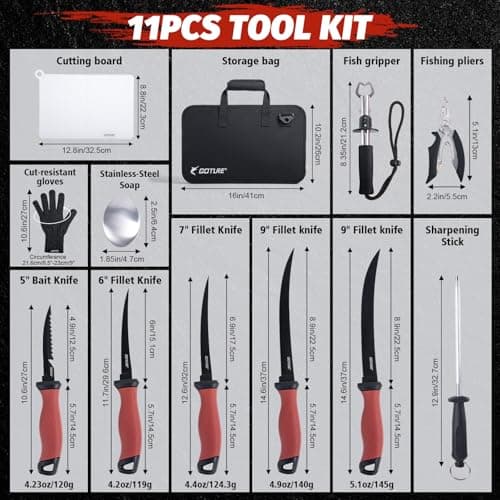 Goture Fillet Knife Fishing Kit,Bait Knife and Filet Knives with Sheath,Sharpening Rod,Fish Lip Gripper,Fishing Pliers,Cutting Board,Gloves,Stainless Steel Soap,Portable Storage Bag,Gifts for Men