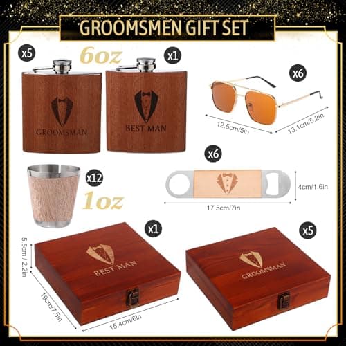 Complete Proposal Gift Set, Box, Flasks, Sunglasses, Funnel, Bottle Opener, Wooden Cups, Bachelor Party Favor 42 Pcs Groomsmen Gifts Set of 6 Wedding Best Man Gift, Brown B0G6ZNR6MC