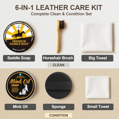 Feilove Leather Boot Care Kit – Mink Oil & Saddle Soap for Leather with Applicators & Cloths – 6-Piece Leather Shoe Care Kit for Cowboy Boots, Work Boots, Shoes & Tack