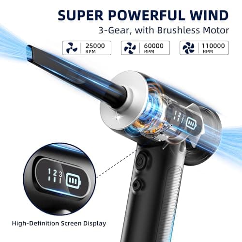 Compressed Air Duster & Vacuum Cleaner-3 Gear Adjustable 100000RPM Handheld Car Vacuum/Air Blower,Electric Air Duster with LED Light for Keyboard Electric Devices Cleaning.Replaces Compressed Air Cans