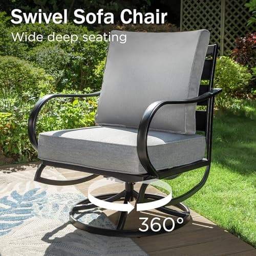 PHI VILLA 6 PCS Patio Furniture Sets with 2*Swivel Cushioned Sofa Chairs, 2* Leg Chairs, 1 * 3-Seat Wide Deep Seating Bench and 1*Coffee Table, Outdoor Conversation Set for 7 Person(Grey)