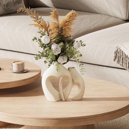 White Vases for Decor, Heart Shaped Ceramic Vase Set of 2, Nordic Heart Shaped Vases, Minimalist Decorative Vase for Table Centerpiece Wedding Dining Living Room Office House Decoration