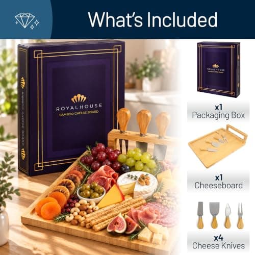 RoyalHouse Bamboo Cheese Board and Charcuterie Boards Set & Serving Tray for Meat, and Wine - Birthday Gifts for Women, Wedding Gifts for Couples 2025, Bridal Shower, Housewarming Gifts New Home