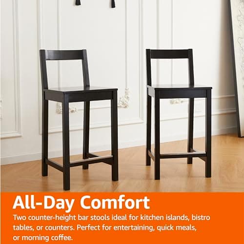 Amazon Basics Wooden Counter Height Bar Stool with Backrest for Kitchen Island, 24", Black, Set of 2