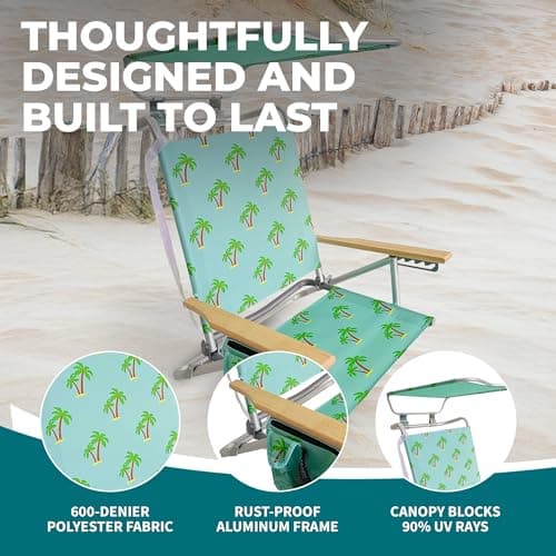 Bliss Hammocks Folding Beach Chair Recliner with Canopy Shade, Palm Tree