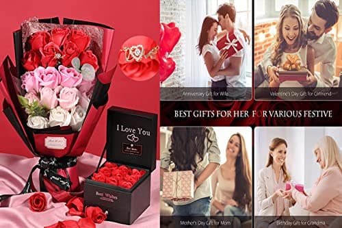 EIGHTOWN Roses Bouquet Artificial Flower - Preserved Red Rose Flowers with Love Necklace for Her - Unique Gifts Valentine's Day, Mother's Day, Thanksgiving, Birthday, Anniversary