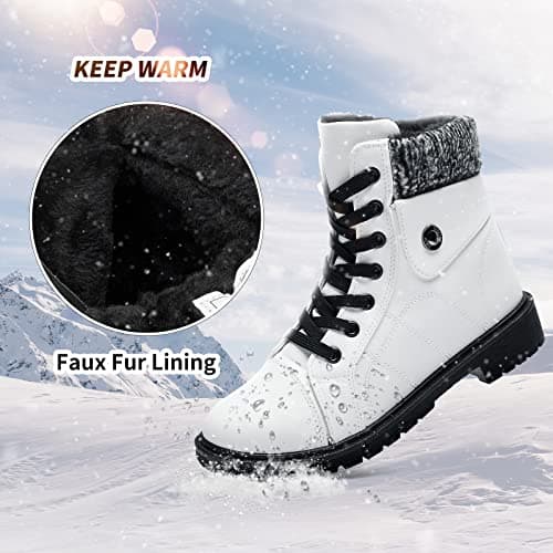 FRACORA Women's PU Leather Combat Boots Warm Fur Lined Black Ankle Booties Side Zipper White Boots Non-slip Winter Boots