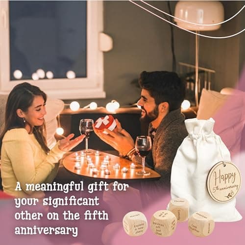 5 Year Anniversary Wood Gift for Him Her - 5th Anniversary Wedding Gifts for Wife Husband, Five Years of Marriage Date Ideas, Wooden Game Date Night Dice for Couples
