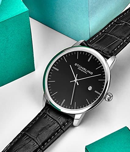Stuhrling Original Men’s 40 mm Ultra-Slim Black Dial Dress Watch with Calfskin Leather Strap, Date Display – Minimalist Analog Wristwatch