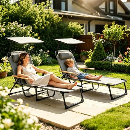 Folding Lounge Chair with Canopy, Tanning Chair with 4-Position Reclining Back, Folding Sun Lounger, Outdoor Lounge Chair for Beach, Poolside, Backyard, Camping, UPF 50+ Sun Shade, 300 LBS