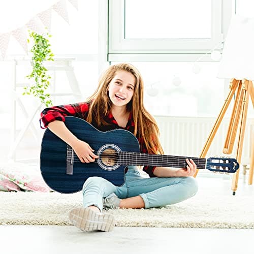 WINZZ AC309CE 39 Inches Cutaway Nylon-string Classical Electric Guitar Build-in Pickup Kit Set Online Lessons, Blue