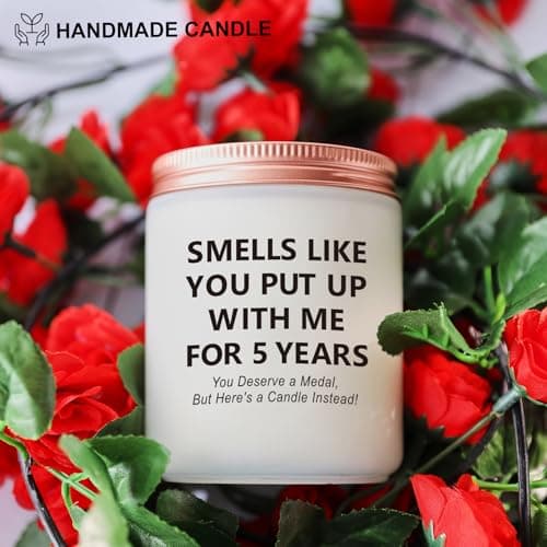 Funny 5th Wedding Gift for Women Men Anniversary, 5 Year Anniversary Wood Themed Gifts for Her Him Wife Husband Girlfriend Boyfriend Presents for Couple Candle