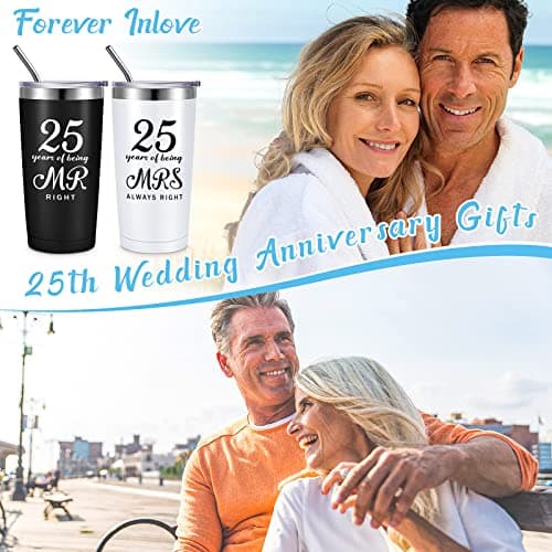 25th Anniversary Cups for Couples Travel Tumbler Wedding Engagement Coffee Mug for Husband Wife Newlywed Bride Groom Cunhill 2 Pcs 25th Wedding Anniversary Tumblers Mr and Mrs Cups Set 20 oz B0B718Y7F6