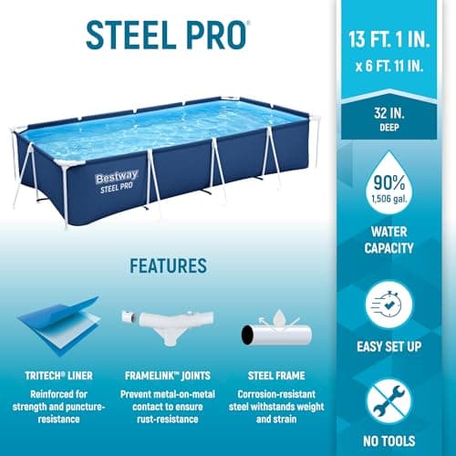 Bestway Steel Pro 13 Foot x 32 Inch Rectangular Above Ground Outdoor Pool Steel Framed Vinyl Swimming Pool with 1,506 Gallon Water Capacity, Blue