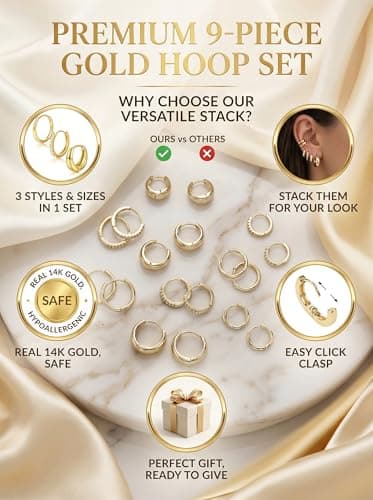 Hypoallergenic Small Hoop Earrings, Lightweight Comfortable Huggies, Non Tarnish, Multiple Piercing Set, Great Gift for Women 9 Pairs Gold Huggie Hoop Earrings for Women, 14K Gold Plated Stackable Set B0GKFRTLQ8