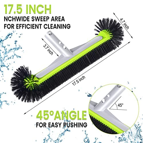 Swimming Pool Brush Head with Round Ends,17.5" Heavy Duty Aluminum Back Head for Cleans Walls, Tiles & Floors, 7 Rows Premium Nylon Bristles with EZ Clips (Green Black)
