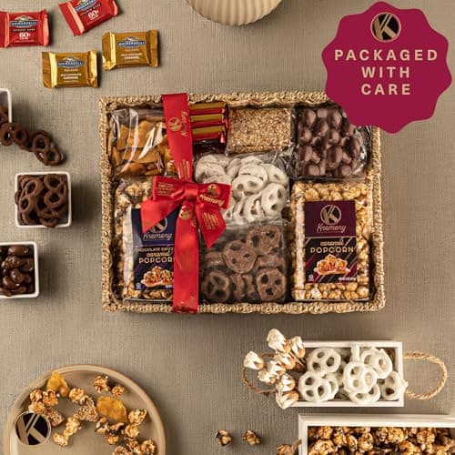 KREMERY Creamy Chocolate Cravings - Holiday Christmas Chocolate Covered Pretzels & Caramel Popcorn Gift Basket, in Seagrass Tray + Ribbon (Deluxe, 3.5 lbs) Xmas Treats Food Arrangement, Kosher