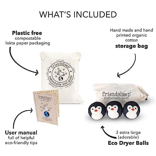 Friendsheep Wool Dryer Balls, Organic Reusable Fabric Softener Alternative for Laundry, Handmade, Fair Trade, Hypoallergenic, Eco-Friendly, Plastic-Free (3 Pack XL – Penguin)