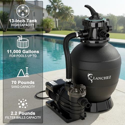 LANCHEZ 13in Sand Filter Pump for Above Ground Pool, 3/4 HP Pool Pumps Above Ground 3500 GPH for Pools up to 11000 GAL, Pool Sand Filter with 7-Way Valve