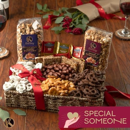 KREMERY Creamy Chocolate Cravings - Holiday Christmas Chocolate Covered Pretzels & Caramel Popcorn Gift Basket, in Seagrass Tray + Ribbon (Deluxe, 3.5 lbs) Xmas Treats Food Arrangement, Kosher