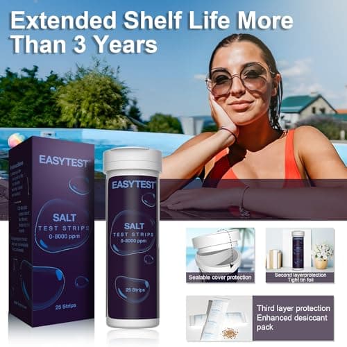 Saltwater Pool Test Strips, Swimming Pool and Spa Salt Test Strips Kit for Sodium Chloride Content 0-8000 ppm, 25 Count