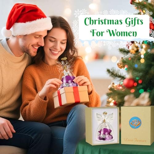 Christmas Rose Gifts for Women,Fresh Flowers for Delivery,Birthday Gifts for Women Mom,Preserved Flowers in Glass Angel Figurine,Angel Christmas Rose Gift for Grandma,Purple Gift Valentines