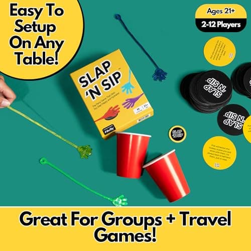 Slap N Sip A Hilarious Drinking Game with Sticky Hands, 200 Cards & A Sip Chip, Fast-Paced Adult Party Game for Game Nights, Funny Gift for Adults Ages 21+