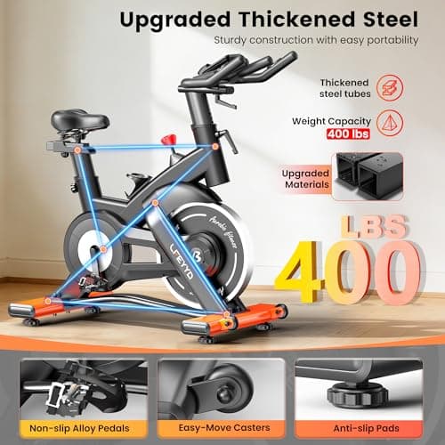 Exercise Bike for Home, Quiet Adjustable Magnetic Stationary Bike for Home Cardio with App Compatible, Spin Bike with 400 lbs Capacity, Spinning Bike with Heart Rate Monitor,Comfort Seat/Alloy Pedals/LCD Monitor