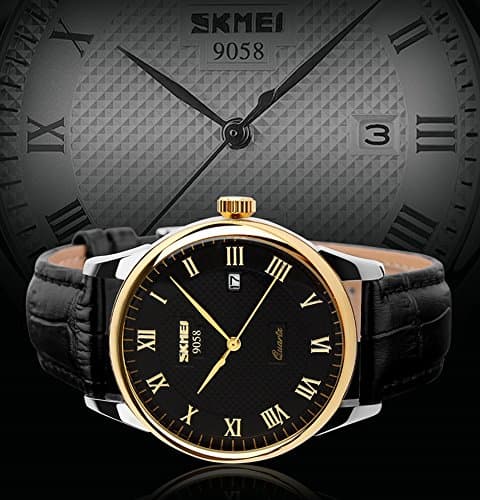 SKMEI Business Men’s Quartz Wristwatches Roman Numeral Leather Band Casual Water Resist Analog Watches