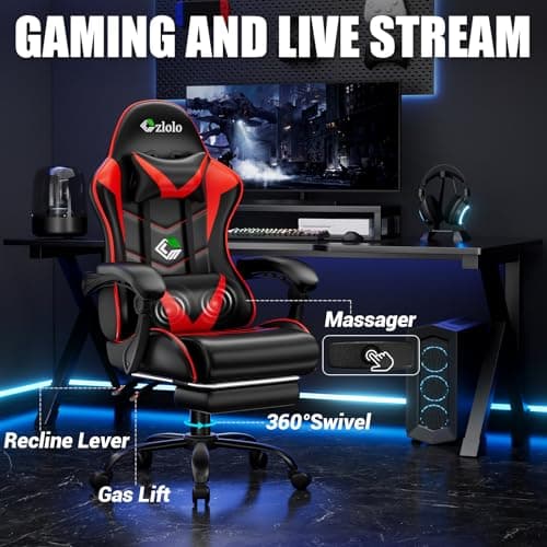 Czlolo Gaming Chair with Footrest Racing Style Lumbar Support Massager Video Game Chair with Metal Legs, High Back Reclining Gamer Chair with Headrest, 360° Swivel Office Computer Desk Chair (Red)