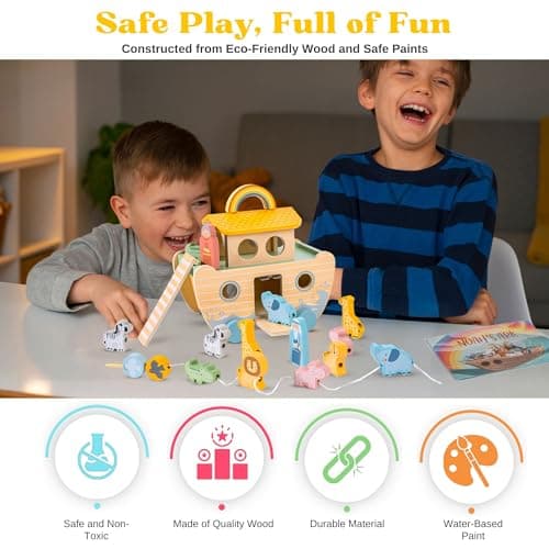 Wooden Noah’s Ark Toy - Baptism Gifts for Baby Girl, Boys & Kids | Fun Colorful Christening & Baptismal Gifts for Boys & Girls | Christian & Catholic Baby Gifts | Noahs Ark Toys for Toddlers from 2