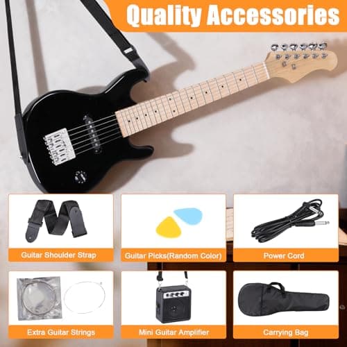 Smartxchoices 30 Inch Electric Guitar, Starter Kit for Kids with 5W Amplifier,Picks, Gig Bag, Shoulder Strap, Cable & Accessory Kit,Solid Wood Body, Black