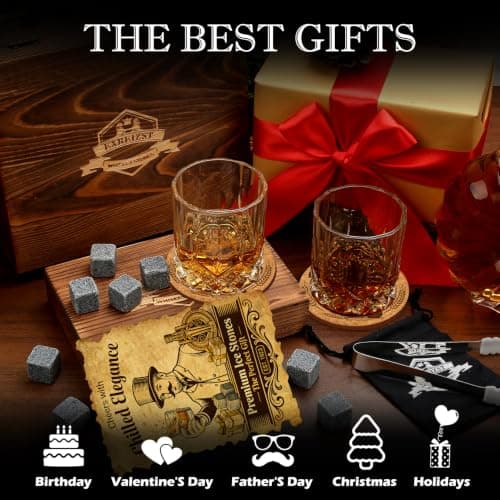 Whiskey Stones Gift Set - Whiskey Glass Set of 2 - Granite Chilling Whiskey Rocks - Scotch Bourbon Box Set -Father's Day Birthday Gifts for Men Drinking Gift for Dad Him Husband Party Holiday Present