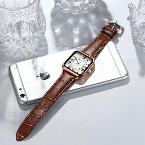 CARLIEN Mens Vintage Dainty Rectangle Square Leather Strap Simple Full Roman Numerals Dial Quartz Watch Gold Silver Tone Case Business Fashion Dress Wristwatch